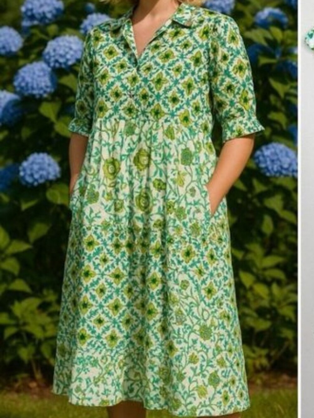 Dolma Kelly Midi Dress Lined White Green Buttons Cotton Size M A Line Floral